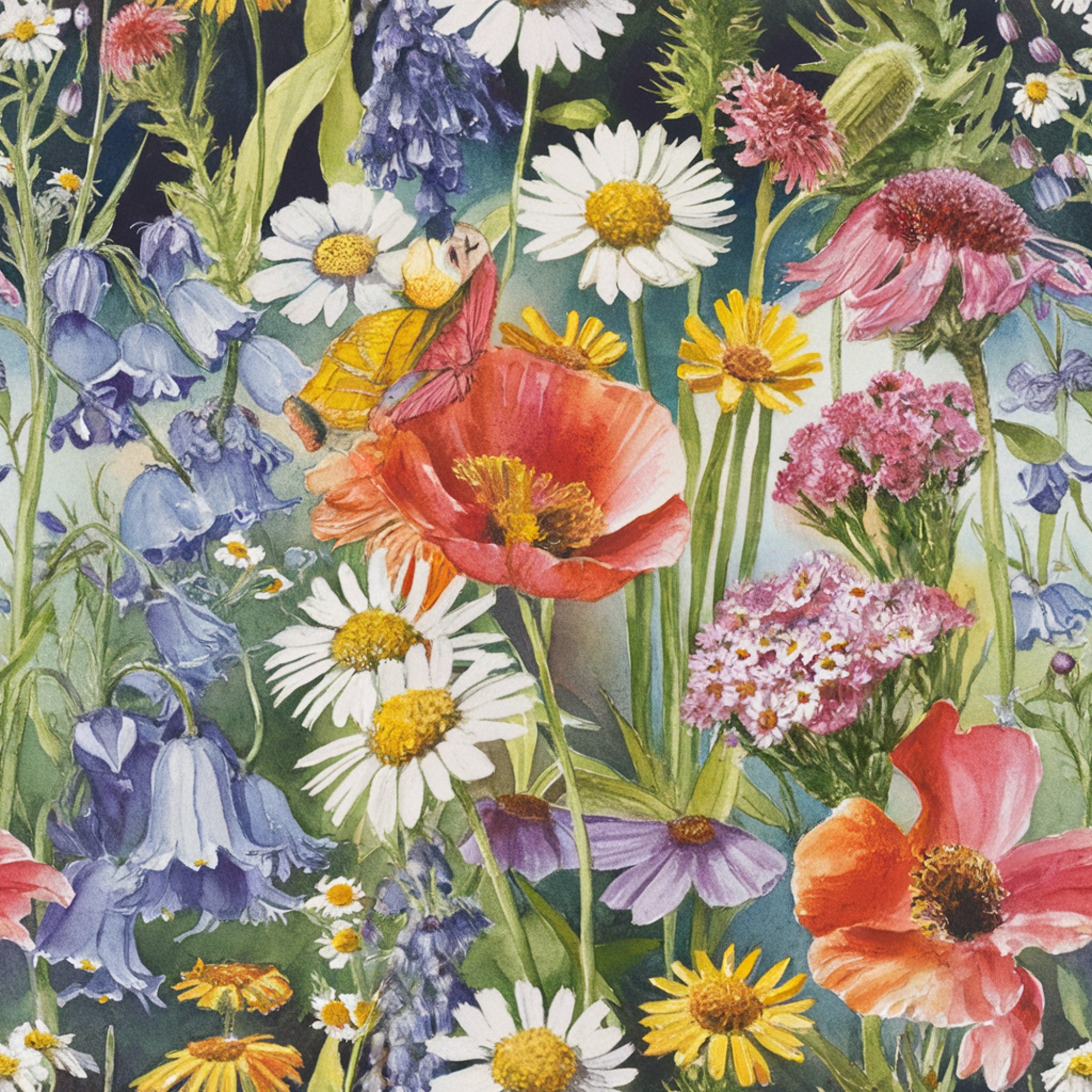 wildflower fantasy,, fabric panel, botanical illustration, watercolor style, coral poppies, white daisies, purple lupines, pink coneflowers, yellow wildflowers, blue campanula, meadow flowers, nature motif, floral pattern, spring blooms, garden flowers, realistic florals, cottage core, whimsical design, vibrant colors