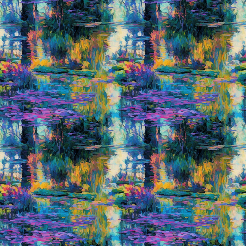 impressionist style, water lilies, pond scene, vibrant blues, purple hues, green foliage, yellow reflections, orange accents, painterly brushstrokes, nature motif, aquatic plants, reflective water, artistic reproduction,, fabric panel, monet inspired, garden scene, peaceful mood, floral elements, impressionist painting