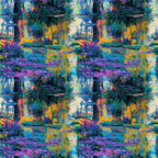 impressionist style, water lilies, pond scene, vibrant blues, purple hues, green foliage, yellow reflections, orange accents, painterly brushstrokes, nature motif, aquatic plants, reflective water, artistic reproduction,, fabric panel, monet inspired, garden scene, peaceful mood, floral elements, impressionist painting