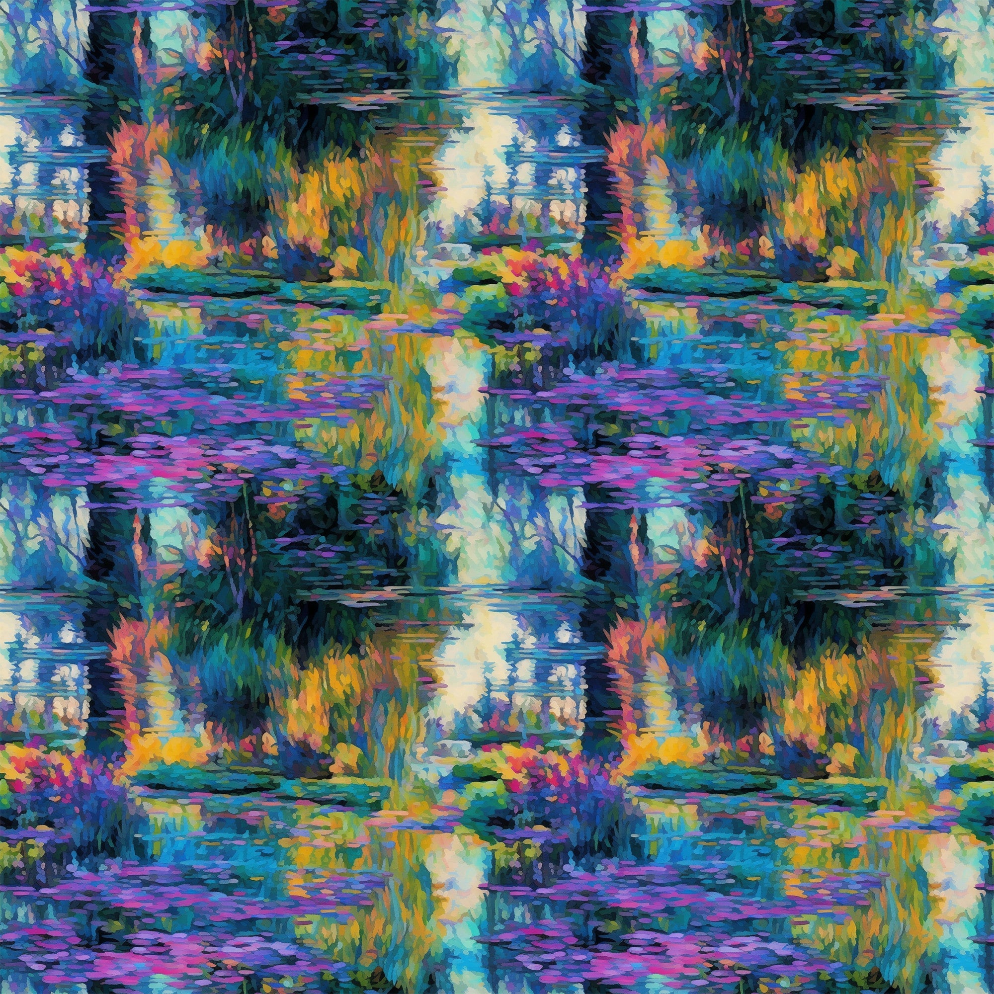 impressionist style, water lilies, pond scene, vibrant blues, purple hues, green foliage, yellow reflections, orange accents, painterly brushstrokes, nature motif, aquatic plants, reflective water, artistic reproduction,, fabric panel, monet inspired, garden scene, peaceful mood, floral elements, impressionist painting