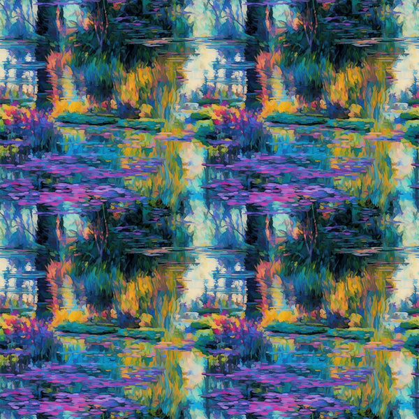 impressionist style, water lilies, pond scene, vibrant blues, purple hues, green foliage, yellow reflections, orange accents, painterly brushstrokes, nature motif, aquatic plants, reflective water, artistic reproduction,, fabric panel, monet inspired, garden scene, peaceful mood, floral elements, impressionist painting