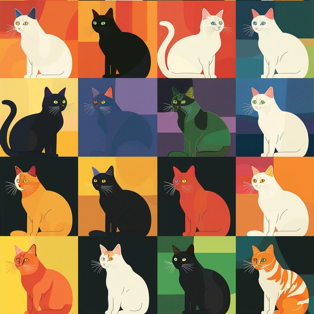 cat patchwork,, fabric panel, geometric blocks, colorful cats, orange, red, yellow, blue, green, black, white, sitting cats, modern art style, pop art cats, vibrant colors, feline motifs, craft fabric, sewing panel, contemporary design, multicolored squares, cat silhouettes