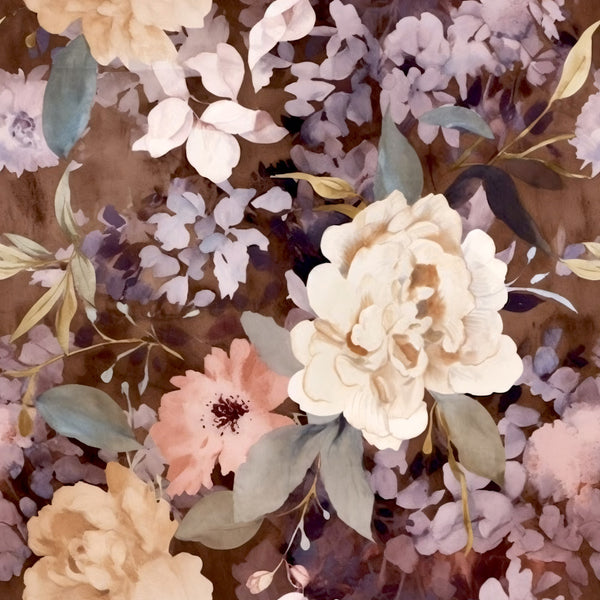 mauve, lavender, dusty purple, blush pink, cream, ivory, tan, chocolate brown, vintage floral, romantic floral, garden flowers, roses, peonies, lilac clusters, botanical, nature, elegant, traditional, timeless, spring, summer, soft feminine, cottage core, vintage inspired, multi-floral, layered florals, muted tones, watercolor effect