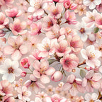pink flowers, cherry blossoms, floral pattern, realistic blooms, soft pink, blush tones, white petals, botanical design, spring flowers, delicate stamens,, fabric panel, seamless pattern, feminine floral, pastel colors, nature motif, blooming branches, romantic florals, crafting fabric, cotton material