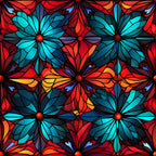 stained glass, christmas pattern,, fabric panel, floral motifs, geometric design, turquoise, red, orange, yellow, blue, radial flowers, mosaic style, holiday fabric, decorative pattern, vibrant colors, symmetrical design, crafting material, sewing fabric, festive theme