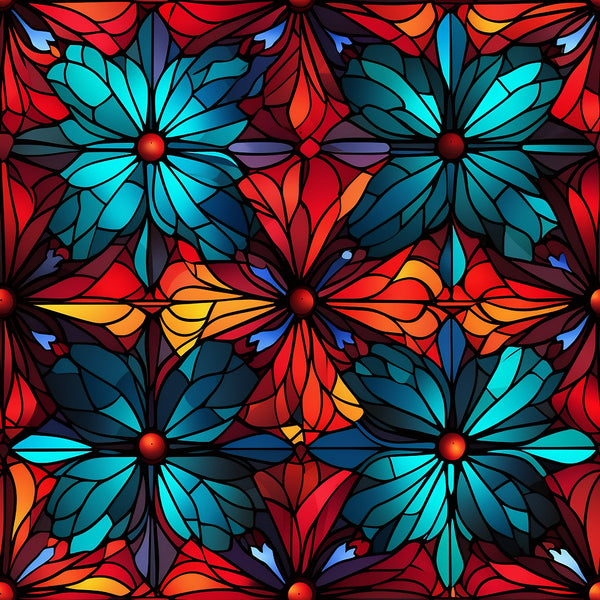 stained glass, christmas pattern,, fabric panel, floral motifs, geometric design, turquoise, red, orange, yellow, blue, radial flowers, mosaic style, holiday fabric, decorative pattern, vibrant colors, symmetrical design, crafting material, sewing fabric, festive theme
