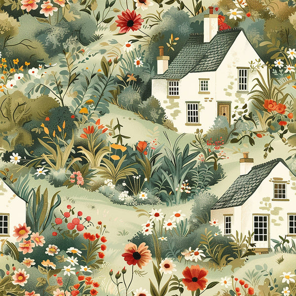 sage green, cream white, coral pink, orange red, brown accents, cottage houses, wildflowers, botanical foliage, english countryside, cottagecore aesthetic,, fabric panel, whimsical illustration, pastoral scene, floral motifs, rolling hills, charming village, nature inspired, vintage style, seamless repeat