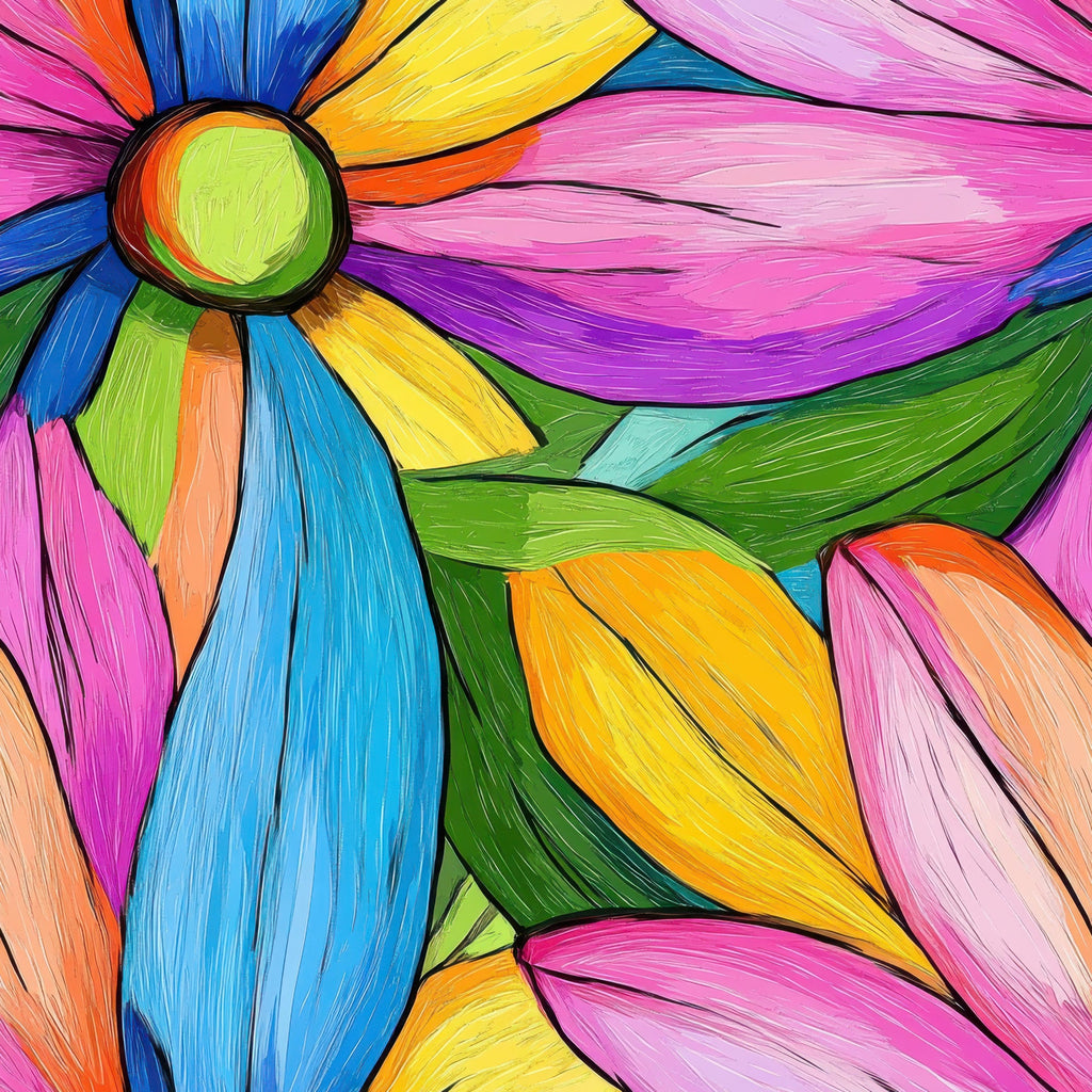vibrant petals, rainbow colors, floral design, abstract flowers, magenta, turquoise, lime green, orange, purple, yellow, pink,, fabric panel, geometric petals, colorful blooms, bright florals, modern art style, whimsical pattern, spring motifs, cheerful design