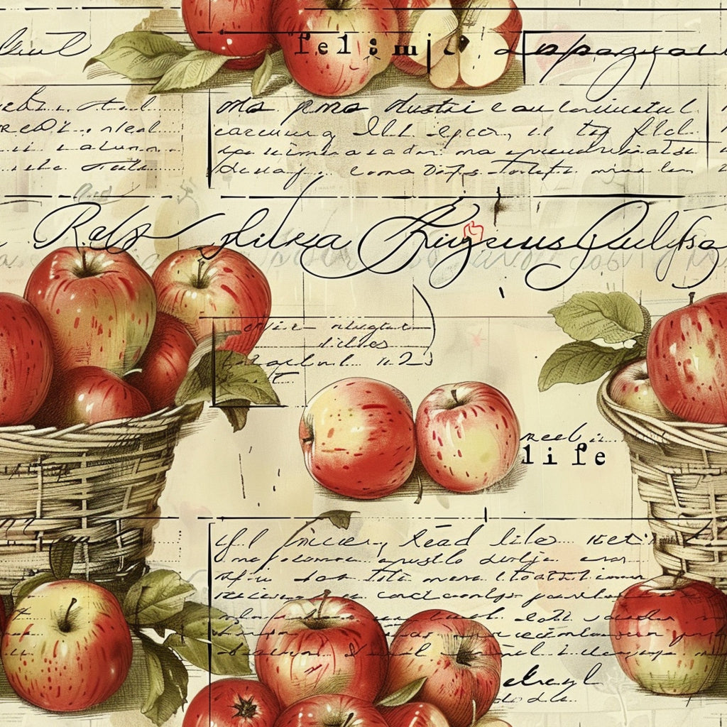 red apples, green leaves, wicker baskets, vintage script, handwritten text, cream background, botanical illustration, farm fresh, rustic style,, fabric panel, harvest theme, country kitchen, antique postcard, sepia tones, natural colors, cottage core, farmhouse aesthetic, fruit motifs