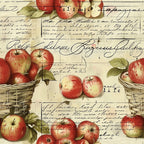 red apples, green leaves, wicker baskets, vintage script, handwritten text, cream background, botanical illustration, farm fresh, rustic style,, fabric panel, harvest theme, country kitchen, antique postcard, sepia tones, natural colors, cottage core, farmhouse aesthetic, fruit motifs