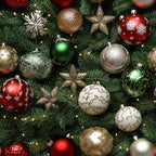 christmas ornaments,, fabric panel, holiday pattern, red baubles, green ornaments, gold decorations, silver baubles, evergreen branches, star ornaments, snowflake designs, festive colors, christmas tree branches, metallic accents, holiday baubles, seasonal fabric, winter theme, ornament collection, christmas decor, holiday crafting