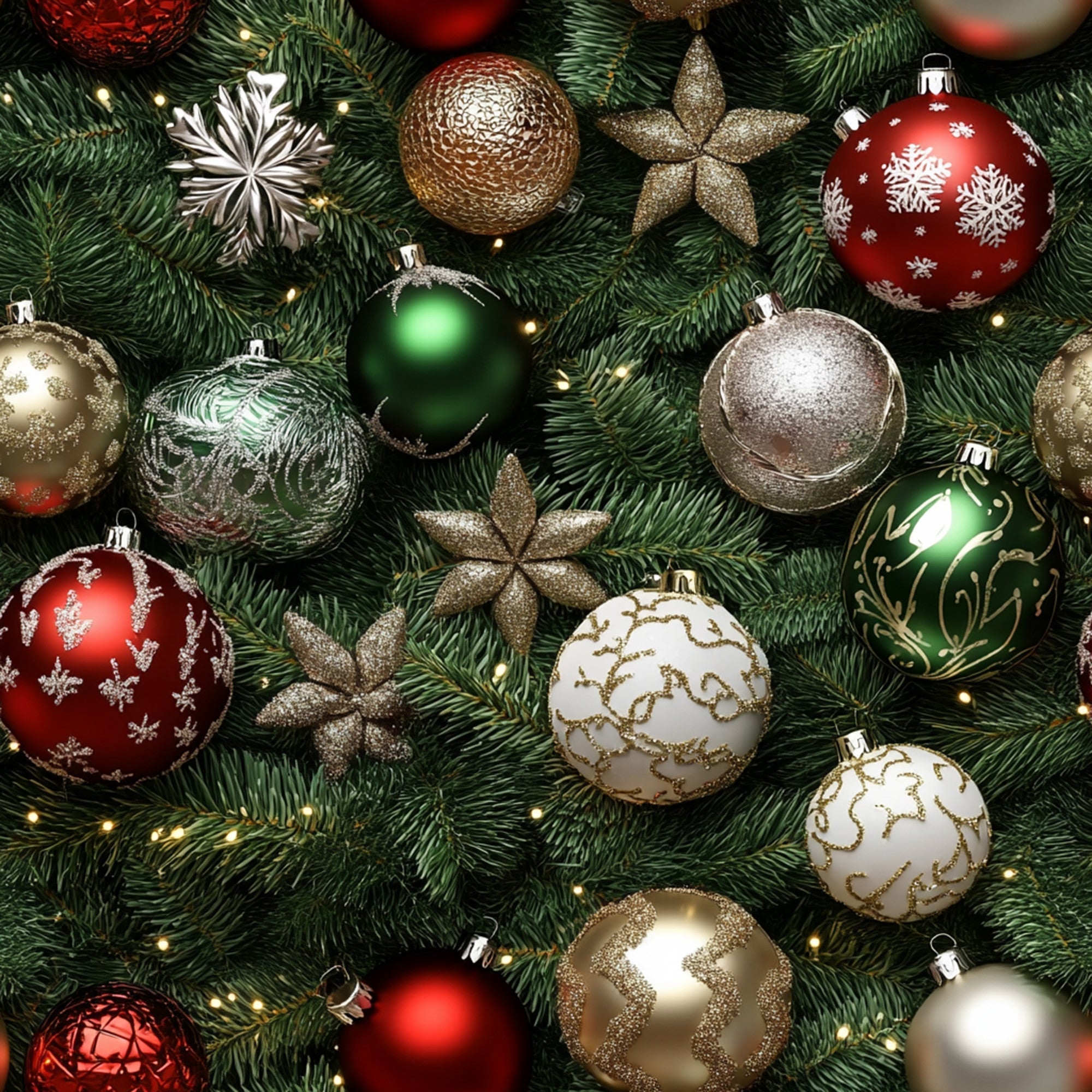 christmas ornaments,, fabric panel, holiday pattern, red baubles, green ornaments, gold decorations, silver baubles, evergreen branches, star ornaments, snowflake designs, festive colors, christmas tree branches, metallic accents, holiday baubles, seasonal fabric, winter theme, ornament collection, christmas decor, holiday crafting