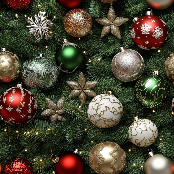 christmas ornaments,, fabric panel, holiday pattern, red baubles, green ornaments, gold decorations, silver baubles, evergreen branches, star ornaments, snowflake designs, festive colors, christmas tree branches, metallic accents, holiday baubles, seasonal fabric, winter theme, ornament collection, christmas decor, holiday crafting