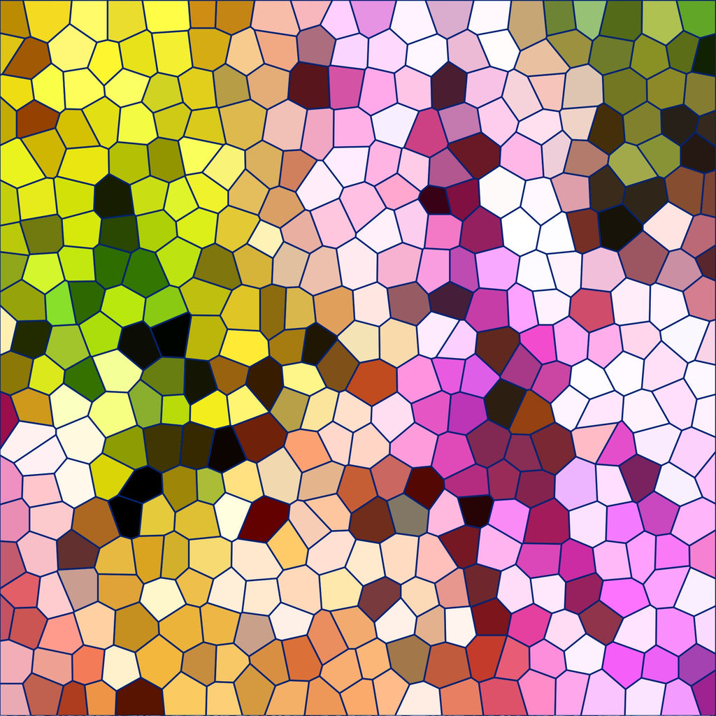 mosaic pattern, stained glass, geometric shapes, polygonal design, yellow tones, pink hues, green shades, orange accents, purple sections, white highlights, brown patches, abstract art, colorful tessellation,, fabric panel, contemporary style, vibrant colors, honeycomb structure, modern mosaic, artistic pattern