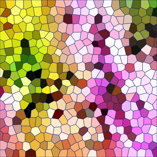 mosaic pattern, stained glass, geometric shapes, polygonal design, yellow tones, pink hues, green shades, orange accents, purple sections, white highlights, brown patches, abstract art, colorful tessellation,, fabric panel, contemporary style, vibrant colors, honeycomb structure, modern mosaic, artistic pattern