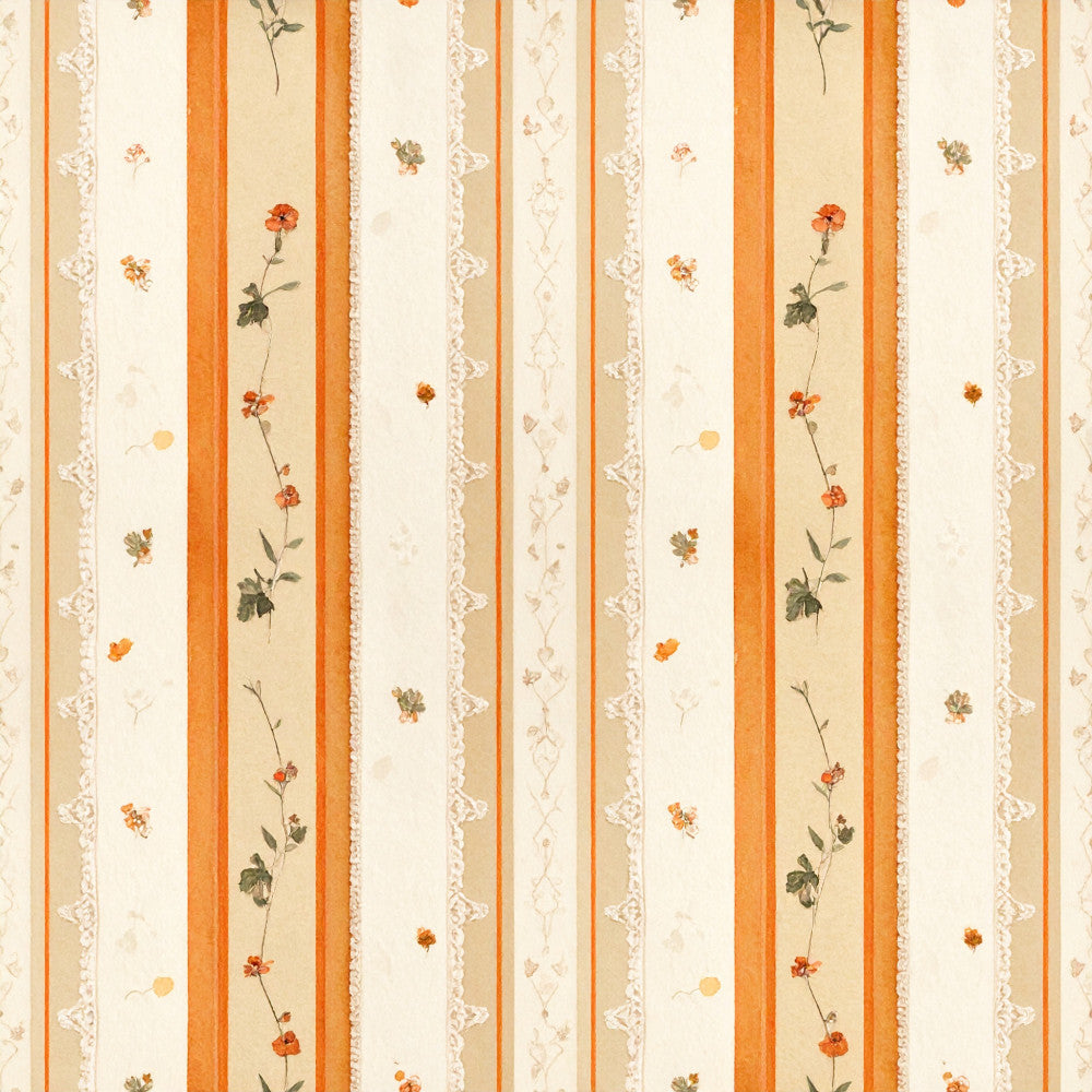 cream, orange, lace, striped, floral, vintage, elegant, delicate, romantic, botanical, carnations, flowers, traditional, cottage core, spring, summer, pastel, soft, linen look, botanical prints, nature, classical, ornamental, shabby chic, country, timeless, feminine, garden flowers, multi-colored florals