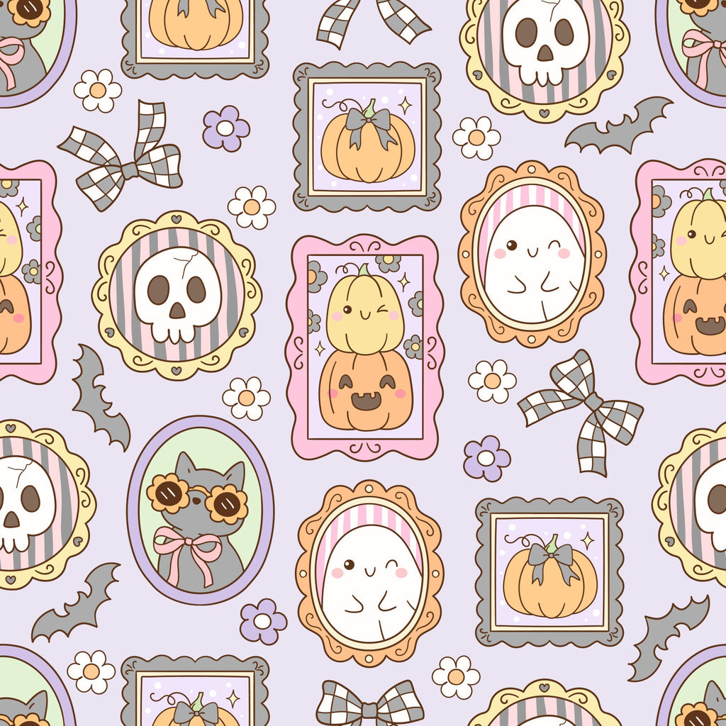 lavender, pink, orange, yellow, halloween, pumpkins, skulls, ghosts, bats, picture frames, kawaii style, cute spooky, plaid bows, flowers,, fabric panel, pastel colors, autumn themed, repeating pattern, whimsical design