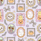 lavender, pink, orange, yellow, halloween, pumpkins, skulls, ghosts, bats, picture frames, kawaii style, cute spooky, plaid bows, flowers,, fabric panel, pastel colors, autumn themed, repeating pattern, whimsical design