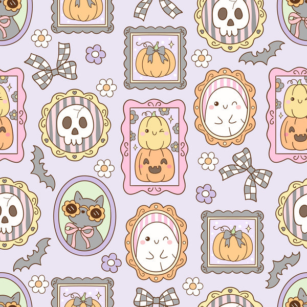 lavender, pink, orange, yellow, halloween, pumpkins, skulls, ghosts, bats, picture frames, kawaii style, cute spooky, plaid bows, flowers,, fabric panel, pastel colors, autumn themed, repeating pattern, whimsical design