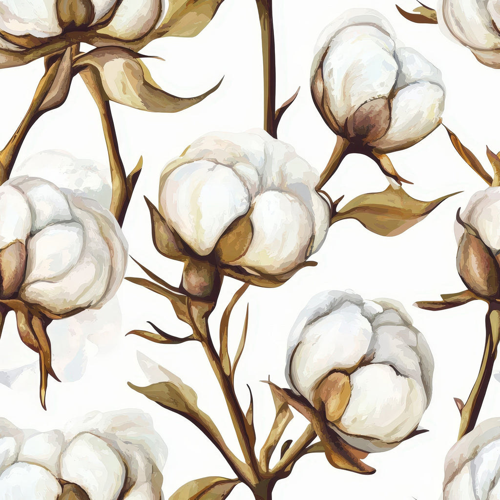 raw white, cream, beige, brown, cotton bolls, cotton plants, botanical pattern, floral design, stems, leaves, natural fibers,, fabric panel, watercolor style, soft tones, organic motifs, plant illustration, cotton blossoms, artistic rendering, neutral palette