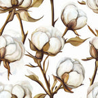 raw white, cream, beige, brown, cotton bolls, cotton plants, botanical pattern, floral design, stems, leaves, natural fibers,, fabric panel, watercolor style, soft tones, organic motifs, plant illustration, cotton blossoms, artistic rendering, neutral palette
