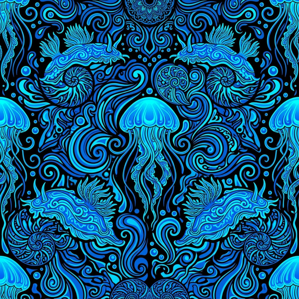 cyan blue, electric blue, neon blue, bright blue, deep blue, dark navy, aqua, turquoise, jellyfish, ocean, sea creatures, nautical, underwater, swirls, spirals, ornate, decorative, baroque, damask, psychedelic, trippy, abstract, whimsical, bohemian, modern, contemporary, glow-in-the-dark aesthetic, fantasy, dreamlike, meditation
