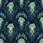 navy blue, mint green, gold, seafoam, jellyfish, ocean, underwater, nautical, celestial, bioluminescent, glowing, art deco, elegant, modern, whimsical, decorative, glam, luxury, sophisticated, sea creatures, marine life, deep sea, mystical, ethereal, geometric patterns, intricate details, nursery, children's room, coastal theme, fantasy