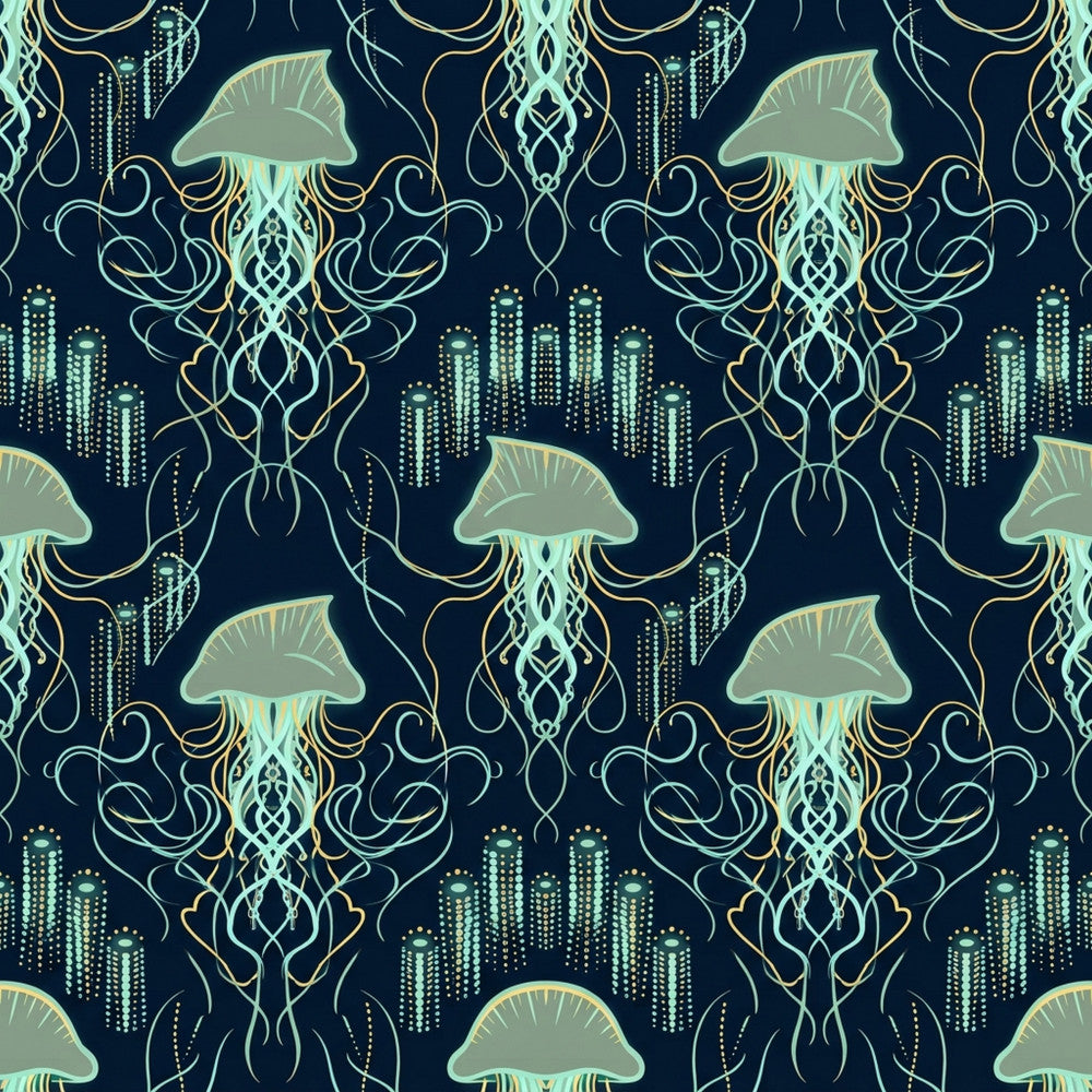 navy blue, mint green, gold, seafoam, jellyfish, ocean, underwater, nautical, celestial, bioluminescent, glowing, art deco, elegant, modern, whimsical, decorative, glam, luxury, sophisticated, sea creatures, marine life, deep sea, mystical, ethereal, geometric patterns, intricate details, nursery, children's room, coastal theme, fantasy