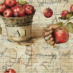 red apples, wicker basket, vintage illustration, farm fresh, hand holding apple, green leaves, beige background, script writing,, fabric panel, rustic style, harvest theme, botanical elements, antique lettering, country living, apple orchard, natural colors, vintage charm, farm produce