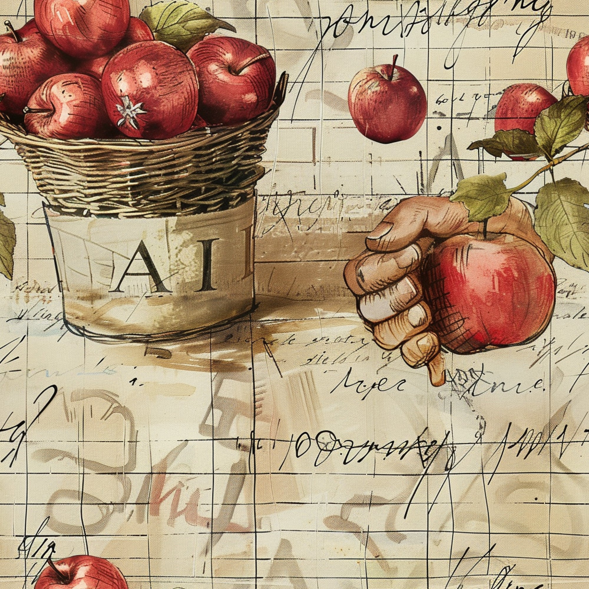 red apples, wicker basket, vintage illustration, farm fresh, hand holding apple, green leaves, beige background, script writing,, fabric panel, rustic style, harvest theme, botanical elements, antique lettering, country living, apple orchard, natural colors, vintage charm, farm produce