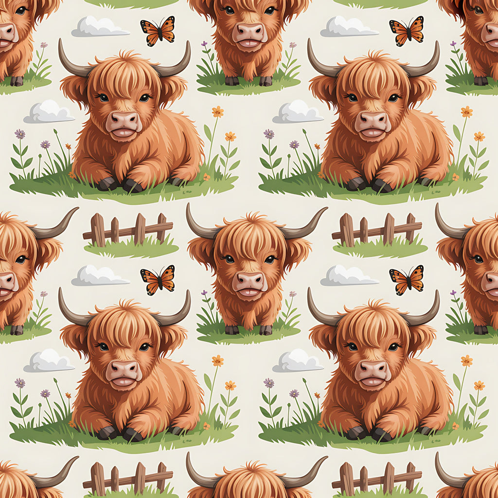 cartoon highland cows, orange fur, brown horns, pastoral scene, grass patches, wildflowers, butterflies, wooden fence, fluffy clouds,, fabric panel, cute animals, farm theme, children's fabric, whimsical illustration, repeating pattern, nature elements, cheerful design, crafting material