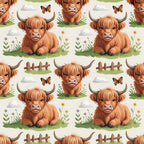 cartoon highland cows, orange fur, brown horns, pastoral scene, grass patches, wildflowers, butterflies, wooden fence, fluffy clouds,, fabric panel, cute animals, farm theme, children's fabric, whimsical illustration, repeating pattern, nature elements, cheerful design, crafting material