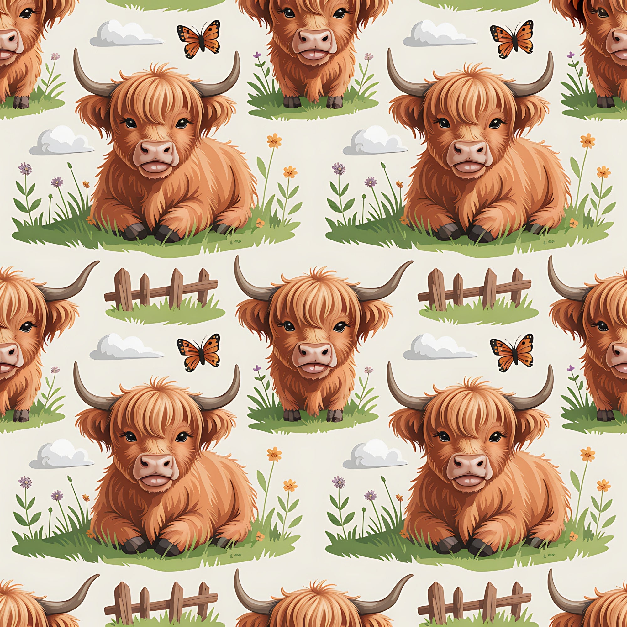 cartoon highland cows, orange fur, brown horns, pastoral scene, grass patches, wildflowers, butterflies, wooden fence, fluffy clouds,, fabric panel, cute animals, farm theme, children's fabric, whimsical illustration, repeating pattern, nature elements, cheerful design, crafting material