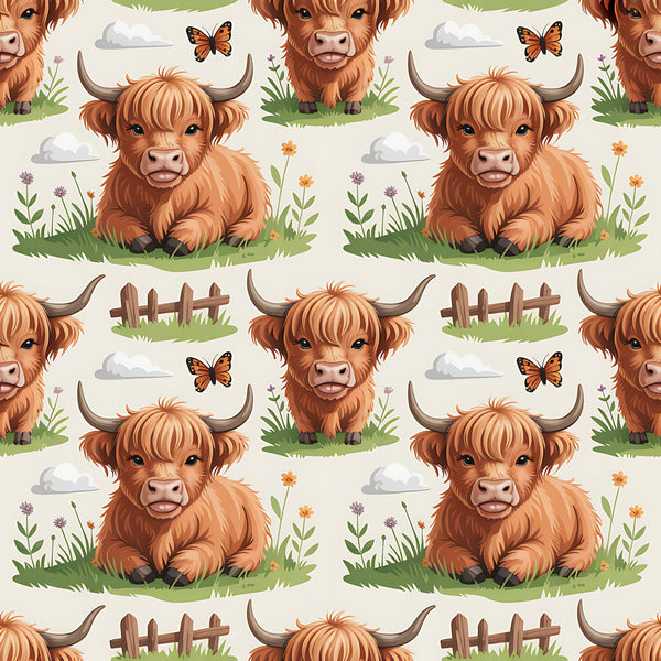 cartoon highland cows, orange fur, brown horns, pastoral scene, grass patches, wildflowers, butterflies, wooden fence, fluffy clouds,, fabric panel, cute animals, farm theme, children's fabric, whimsical illustration, repeating pattern, nature elements, cheerful design, crafting material