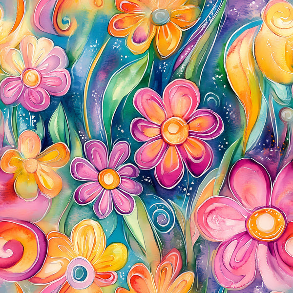 vibrant flowers, abstract floral, pink petals, orange blooms, blue background, purple accents, yellow flowers, green leaves, swirling patterns, watercolor style, whimsical art, contemporary design,, fabric panel, colorful botanical, artistic florals, flowing design, bright colors, modern floral, crafting fabric