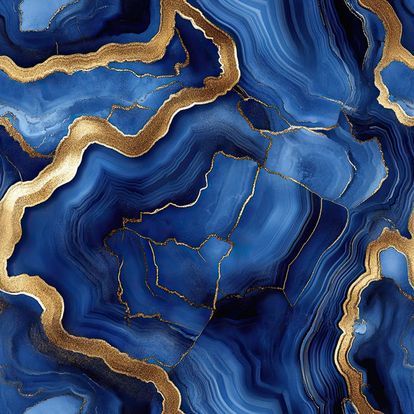 royal blue, gold, agate pattern, geode design, marble texture, flowing lines, organic shapes, mineral formation, metallic accents, swirling patterns, stone-like veins, crystalline structure, luxurious, elegant, abstract design,, fabric panel, geological inspired, fluid movement, iridescent effect