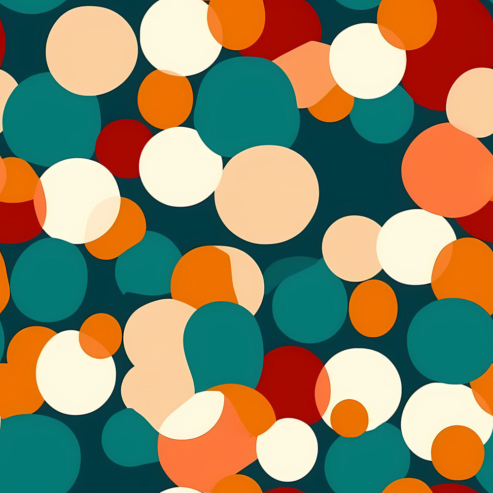 teal, cream, orange, coral, rust red, burgundy, dark teal, peachy, geometric circles, abstract dots, modern, contemporary, playroom, kids room, gender neutral, bright, vibrant, fun, whimsical, retro, mid-century modern, colorful, multi-color, bubble pattern, round shapes, children's, toddler, nursery decor, playful design
