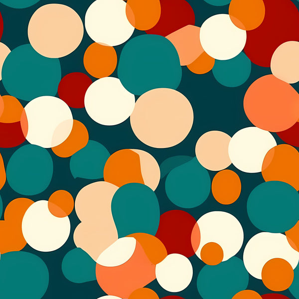 teal, cream, orange, coral, rust red, burgundy, dark teal, peachy, geometric circles, abstract dots, modern, contemporary, playroom, kids room, gender neutral, bright, vibrant, fun, whimsical, retro, mid-century modern, colorful, multi-color, bubble pattern, round shapes, children's, toddler, nursery decor, playful design