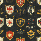 medieval shields, heraldic crests, coat of arms, dark charcoal background, red accents, gold trim, cream white, botanical motifs, floral sprigs, eagle emblems, cross designs, weathered texture, vintage style,, fabric panel, rustic finish, german banners, shield shapes, distressed appearance, ornamental patterns