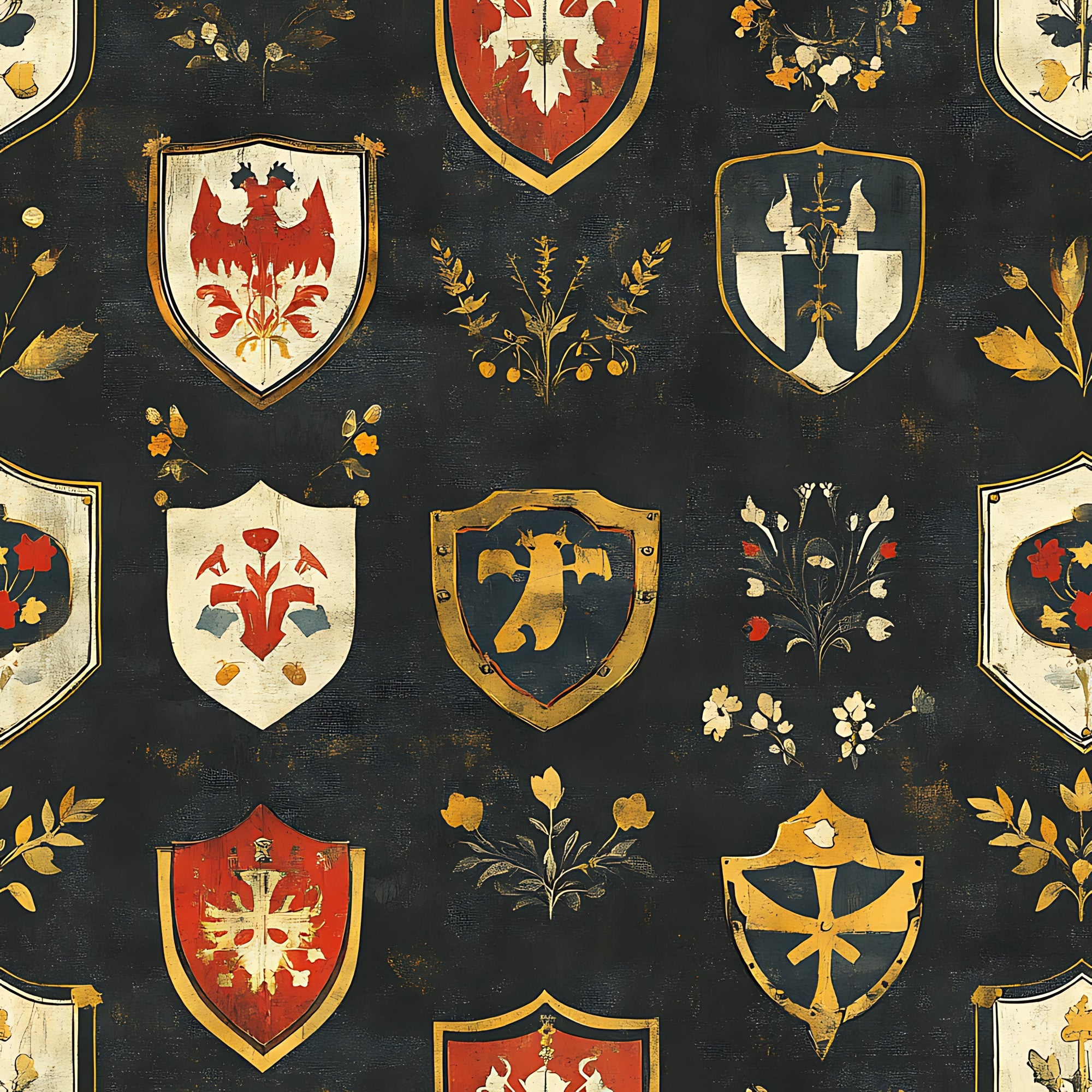 medieval shields, heraldic crests, coat of arms, dark charcoal background, red accents, gold trim, cream white, botanical motifs, floral sprigs, eagle emblems, cross designs, weathered texture, vintage style,, fabric panel, rustic finish, german banners, shield shapes, distressed appearance, ornamental patterns