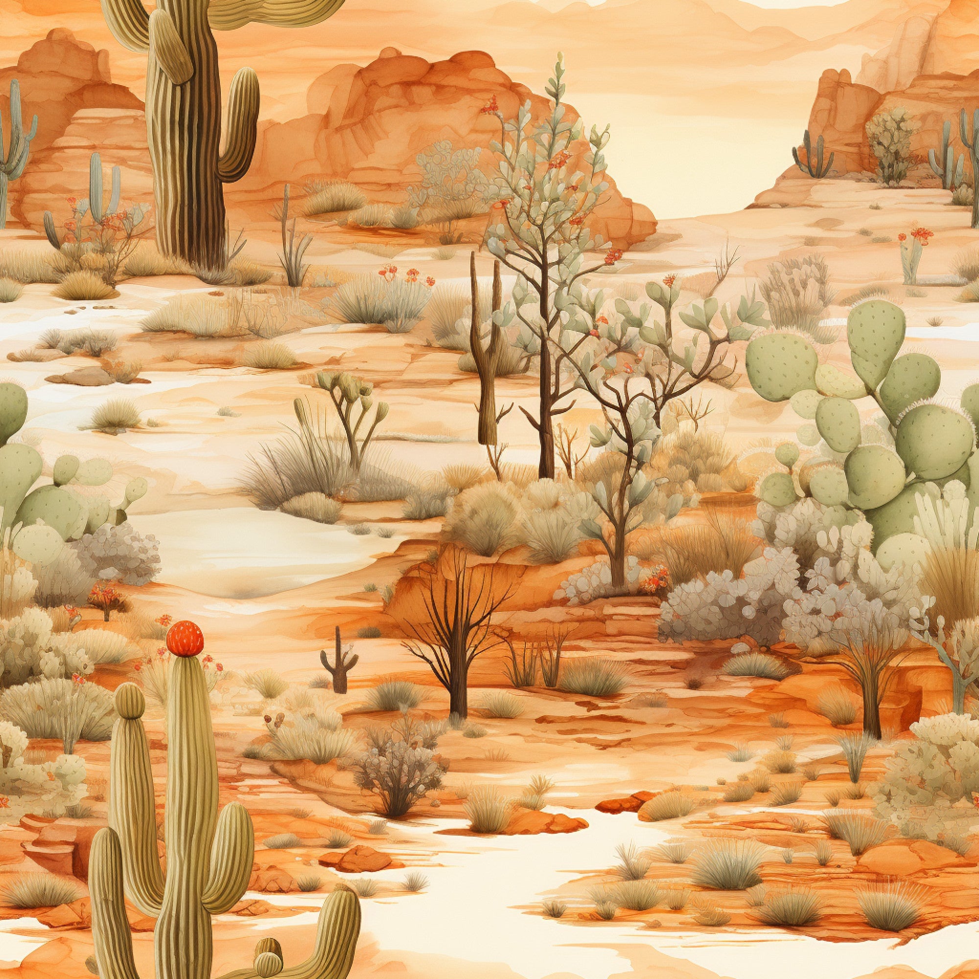 desert landscape, sunrise colors, saguaro cactus, prickly pear, orange tones, peach hues, sage green, terra cotta, southwestern scene, arid plants, desert flora,, fabric panel, watercolor style, warm palette, desert rocks, ocotillo plants, barrel cactus, peaceful mood, nature scene