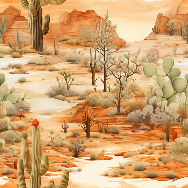 desert landscape, sunrise colors, saguaro cactus, prickly pear, orange tones, peach hues, sage green, terra cotta, southwestern scene, arid plants, desert flora,, fabric panel, watercolor style, warm palette, desert rocks, ocotillo plants, barrel cactus, peaceful mood, nature scene