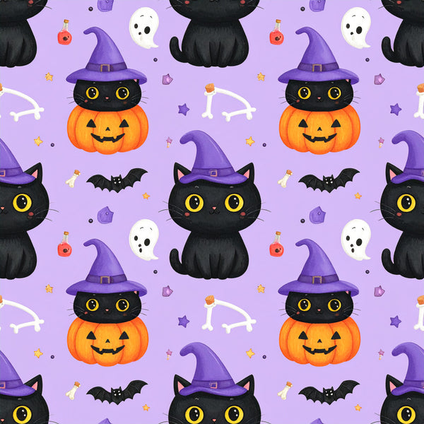 lavender purple, black, orange, white, gold yellow, halloween, witch, cat, pumpkin, ghost, bat, wizard hat, potion bottle, stars, whimsical, playful, spooky, autumn, fall, kids, children, cute, festive, magical, enchanted, holiday, trick or treat, costume, dark academia