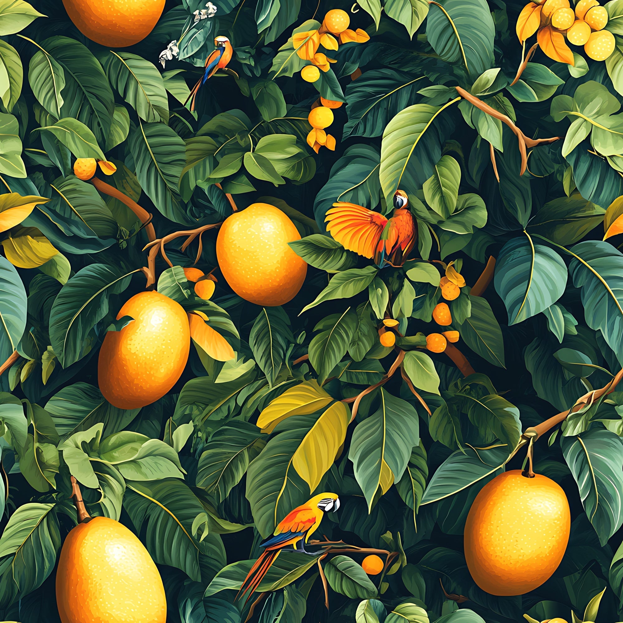 tropical, mango fruit, parrots, orange, green, yellow, botanical, jungle foliage, tropical birds,, fabric panel, nature pattern, exotic fruits, lush leaves, vibrant colors, tropical paradise, rainforest, seamless repeat, bright orange fruits, colorful macaws