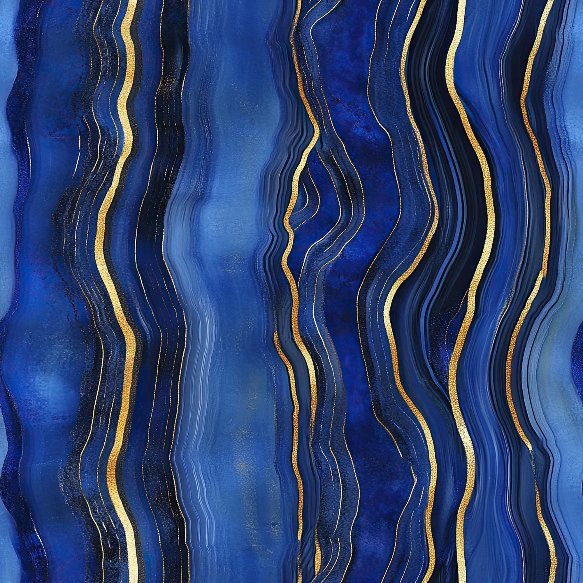royal blue, navy blue, gold, metallic gold, agate pattern, geode design, flowing lines, wavy stripes, marbled texture, organic swirls, mineral inspired, luxurious, elegant, sophisticated,, fabric panel, abstract design, fluid movement, crystalline formation, deep blue tones
