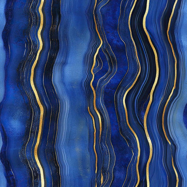 royal blue, navy blue, gold, metallic gold, agate pattern, geode design, flowing lines, wavy stripes, marbled texture, organic swirls, mineral inspired, luxurious, elegant, sophisticated,, fabric panel, abstract design, fluid movement, crystalline formation, deep blue tones