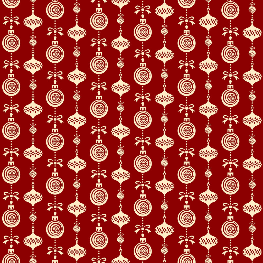 burgundy red, cream white, christmas ornaments, hanging baubles, geometric patterns, repeating design, festive decorations, holiday motifs,, fabric panel, seasonal print, ornament silhouettes, decorative balls, christmas theme, winter holidays, craft fabric, sewing material, coordinating colors, ornamental design, festive pattern