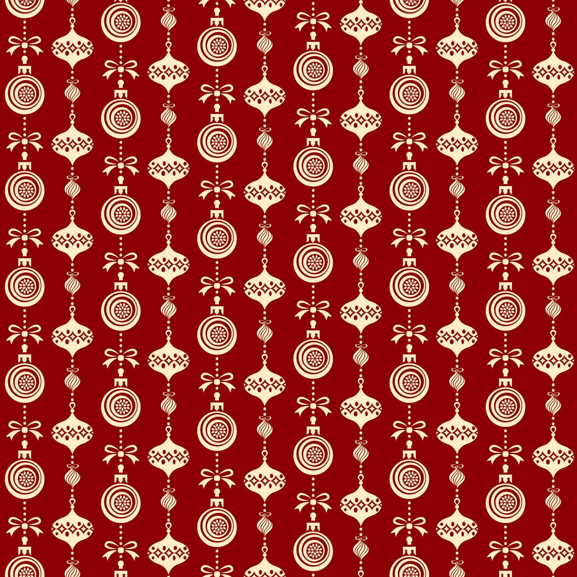 burgundy red, cream white, christmas ornaments, hanging baubles, geometric patterns, repeating design, festive decorations, holiday motifs,, fabric panel, seasonal print, ornament silhouettes, decorative balls, christmas theme, winter holidays, craft fabric, sewing material, coordinating colors, ornamental design, festive pattern