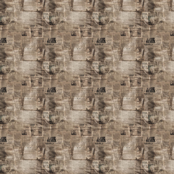 sepia, brown, beige, tan, cream, vintage newspapers, aged paper, antique print, nostalgic, retro style,, fabric panel, newspaper clippings, historical documents, old advertisements, worn texture, faded print, collage pattern, crafting material, sewing fabric
