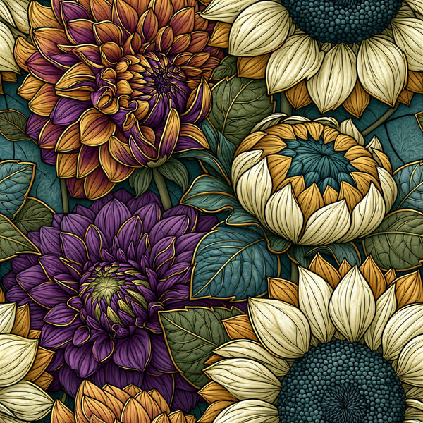 purple dahlia, golden yellow, cream white, teal green, burgundy, floral pattern, dahlia flowers, botanical, nature inspired, garden flowers, elegant, traditional, whimsical, vintage botanical, detailed petals, sunflower, dark teal background, autumn florals, spring florals, romantic, ornate, intricate line work, timeless design, classic floral, decorative flowers, home decor, nursery, kids room